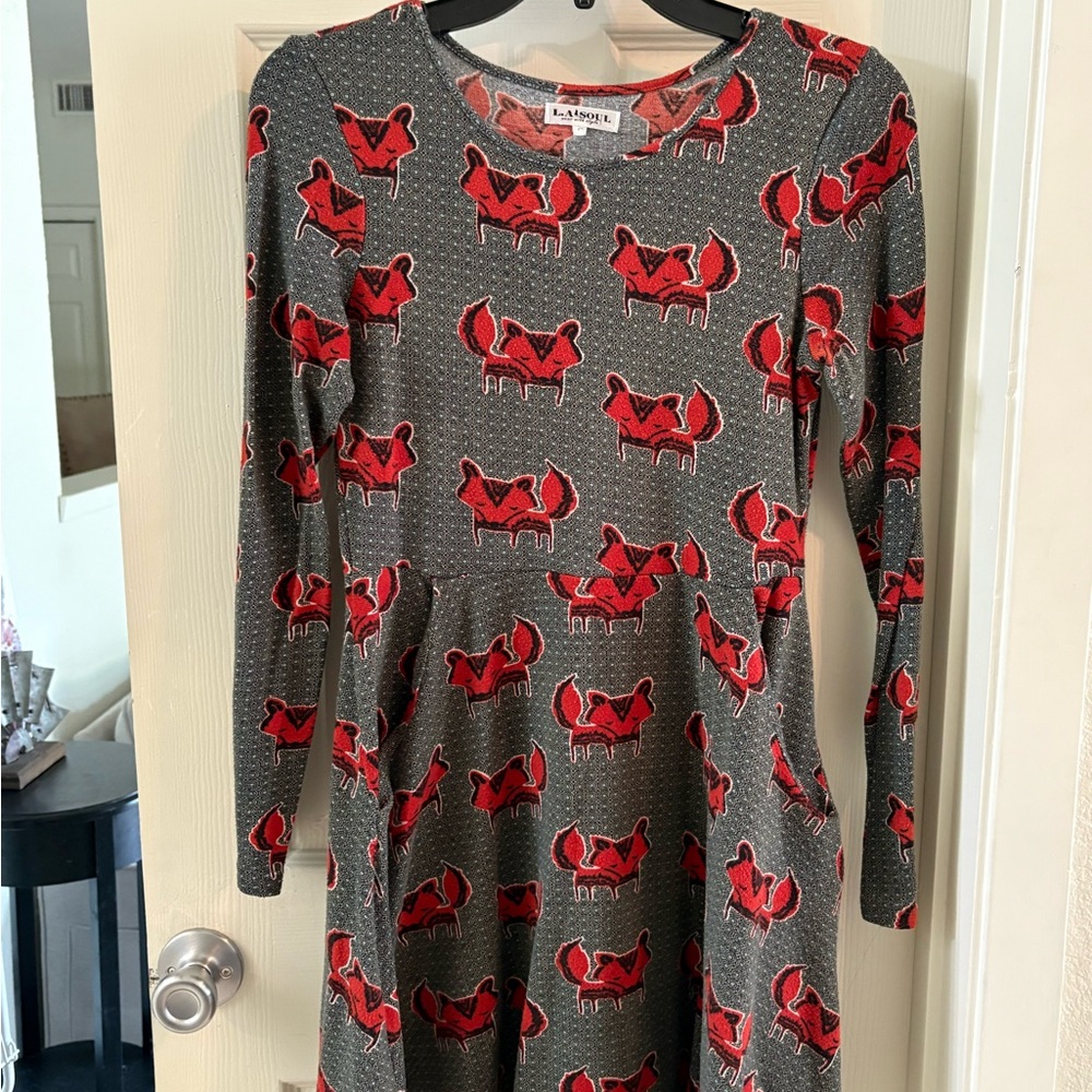 L. A. Soul Fox Print Cotton Knit Long Sleeve Scoop Neck Fit & Flare Dress SZ. S